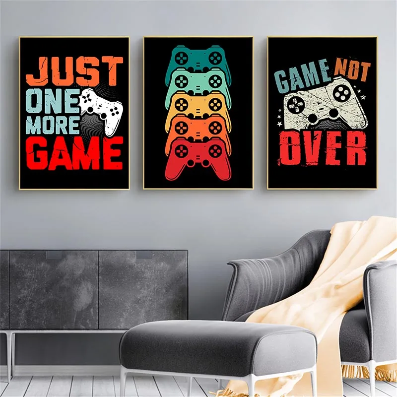 

Game Poster Just One More Game Quotes Wall Art Canvas Paintings Gamepad Pictures for Children Play Room Decoration Frameless