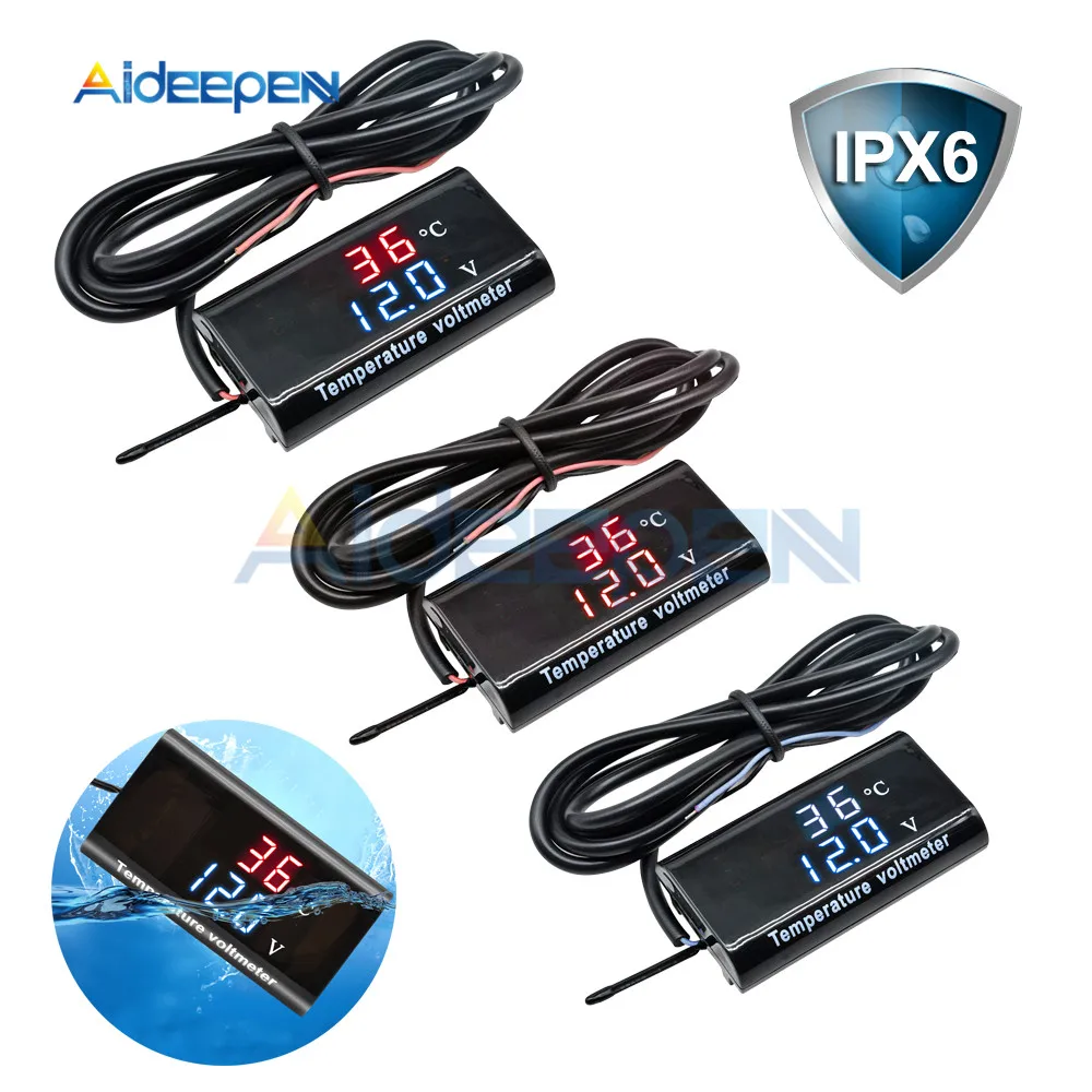 DC 8-18V IPX6 Waterproof Digital Temperature Voltmeter 12V Car Boat Motorcycle 0.56inch LED Volt Voltage Meter Mini Tester Panel