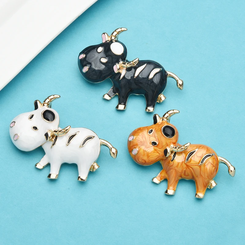 Wuli&baby Enamel Lovely Cattle Brooches For Women 3-color Bull Ox Animal Party Casual Brooch Pins Gifts