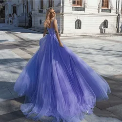 CustomizedLavender Long O-neck Tulle Prom Dresses Spaghetti Straps Appliqued A-Line Evening Party Gowns Simple Exquisite Open Ba