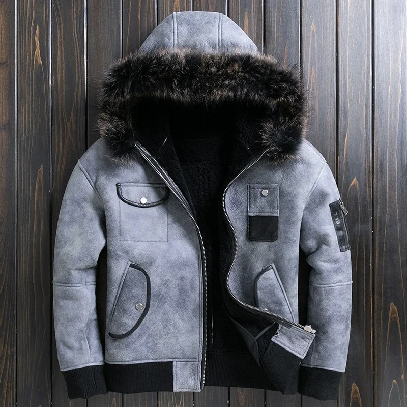 Thick Winter Warm Men Genuine Leather Jacket Hooded Multi-Pockets Sheep Wool Fur Coat Fashion Sheepskin Short Slim Outerwear