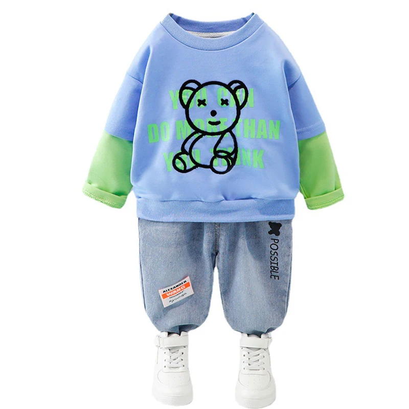 

Set for Boys Spring Autumn Boys Set 2021 New Cute Cartoon Bear Splicing Pullover+Denim Pant/2Pcs Baby Suits Children Clothing