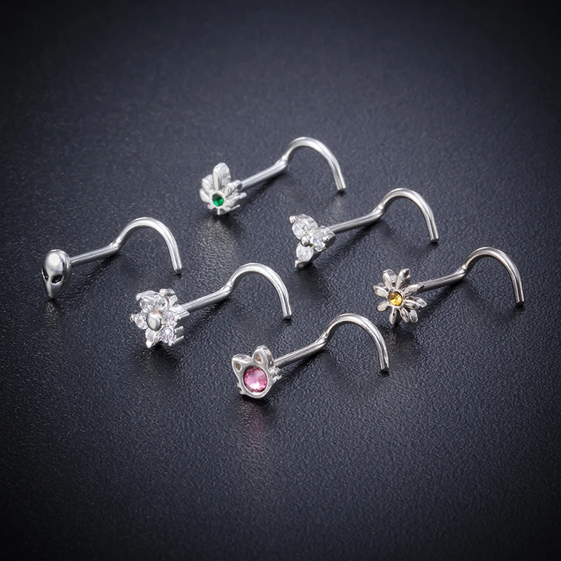 1PC 20g Surgical Steel Nose Stud Ring Nose Piercing for Women Cat Alien Flower Leaf CZ Inlaid Nose Screw Rings Body Jewelry Gift