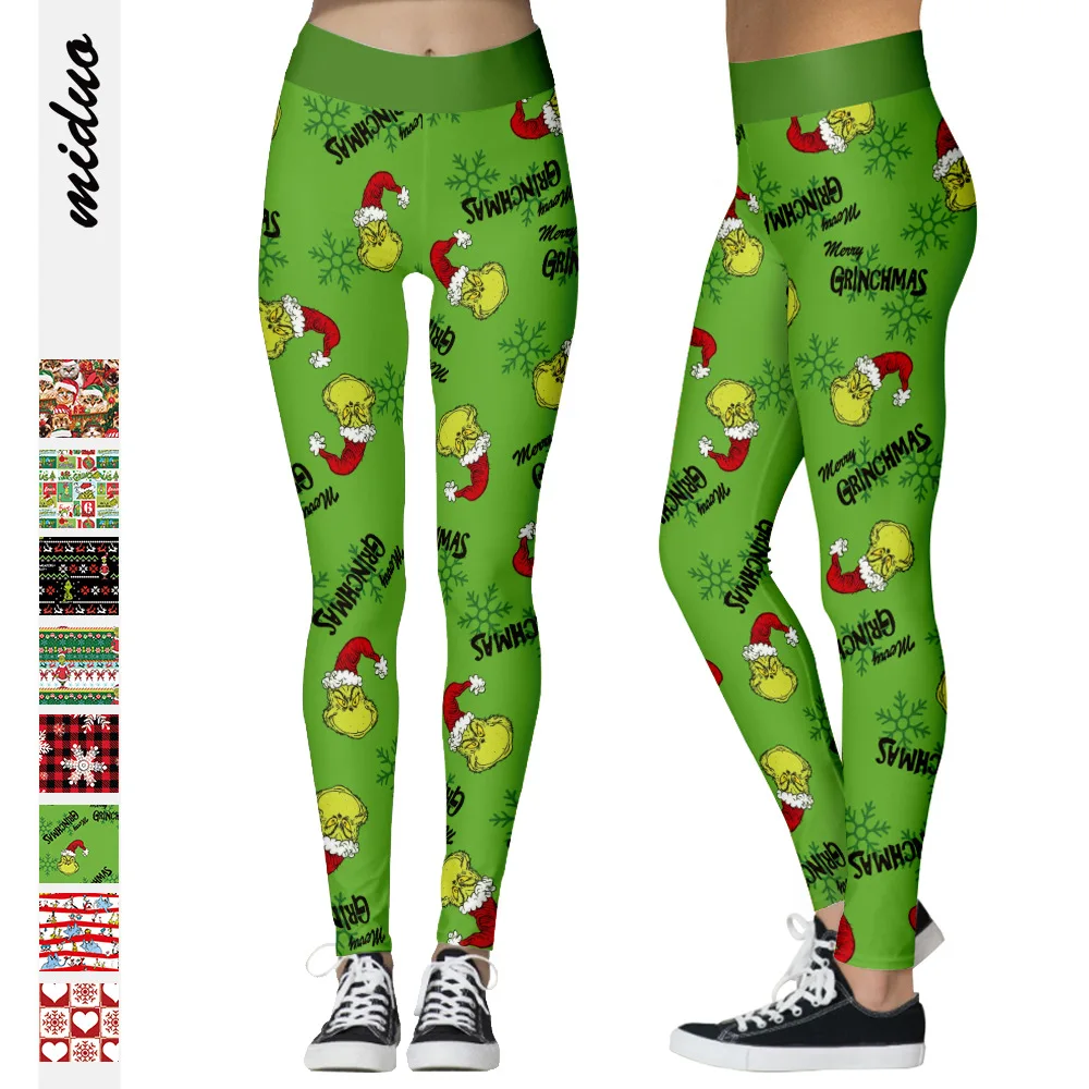 

Fashion Cartoon Christmas Green Red Digital Printed Leggings Womens Snowflake Stretch Pants