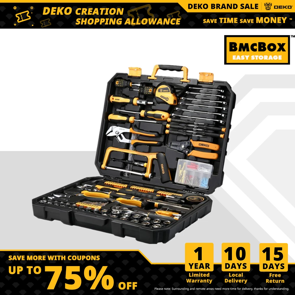 DEKO DKMT198 Socket Wrench Tool Set Auto Repair Mixed Tool Combination Package Hand Tool Kit with Plastic Toolbox Storage Case