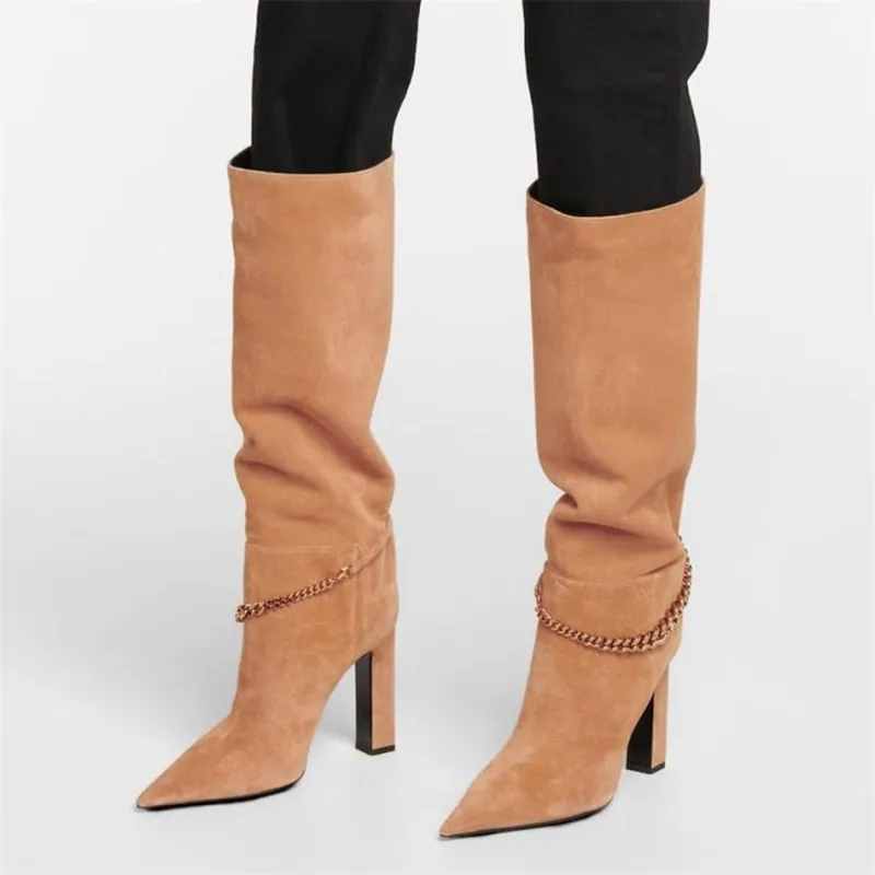 

Sexy Gold Chains Embellished Knee Boots Square High Heel Camel Cow Suede Pointed Toe Slip On Knight Boots Woman Runway Botas