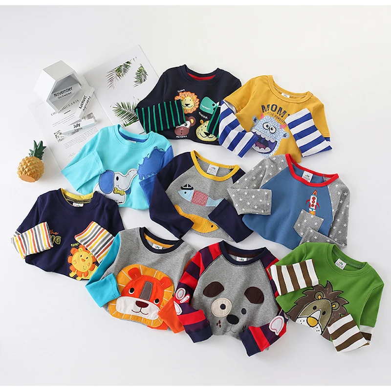 2024 Spring Autumn For 2-8 9 10 Years Children Cotton Striped Color Patchwork Cartoon Animal Baby Kids Boys Long Sleeve T-Shirts