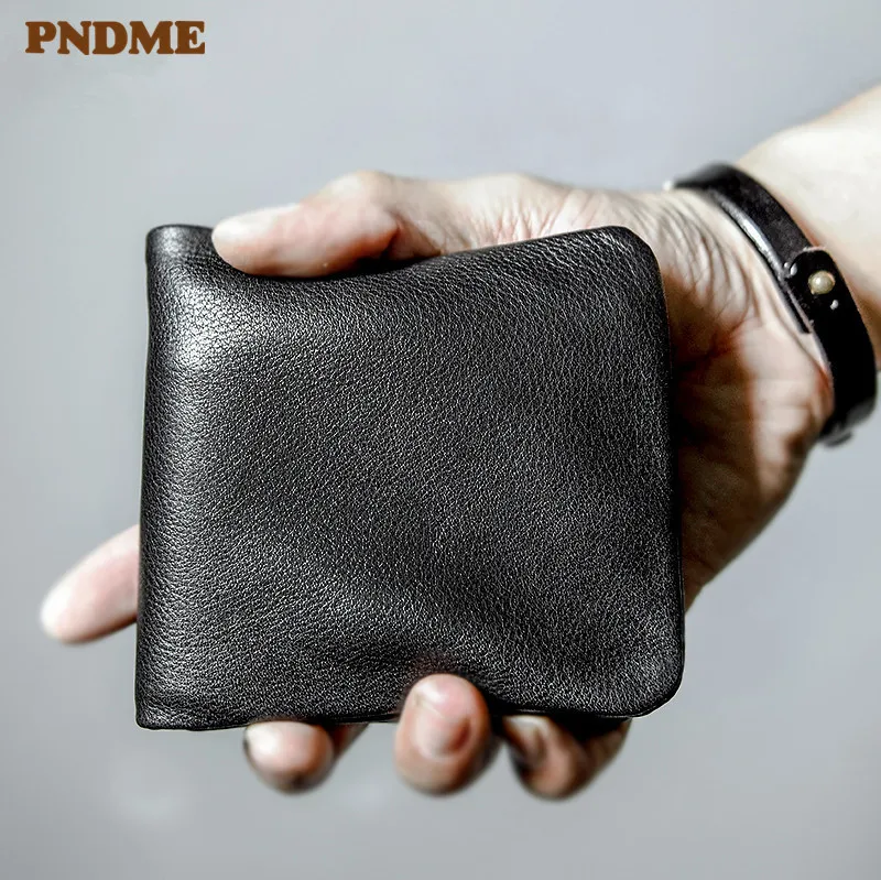 PNDME wysokiej jakości miękki skórzany portfel męski na co dzień prosta młodzież pełna skóra bydlęca cienkie etui na karty kredytowe czarna torebka