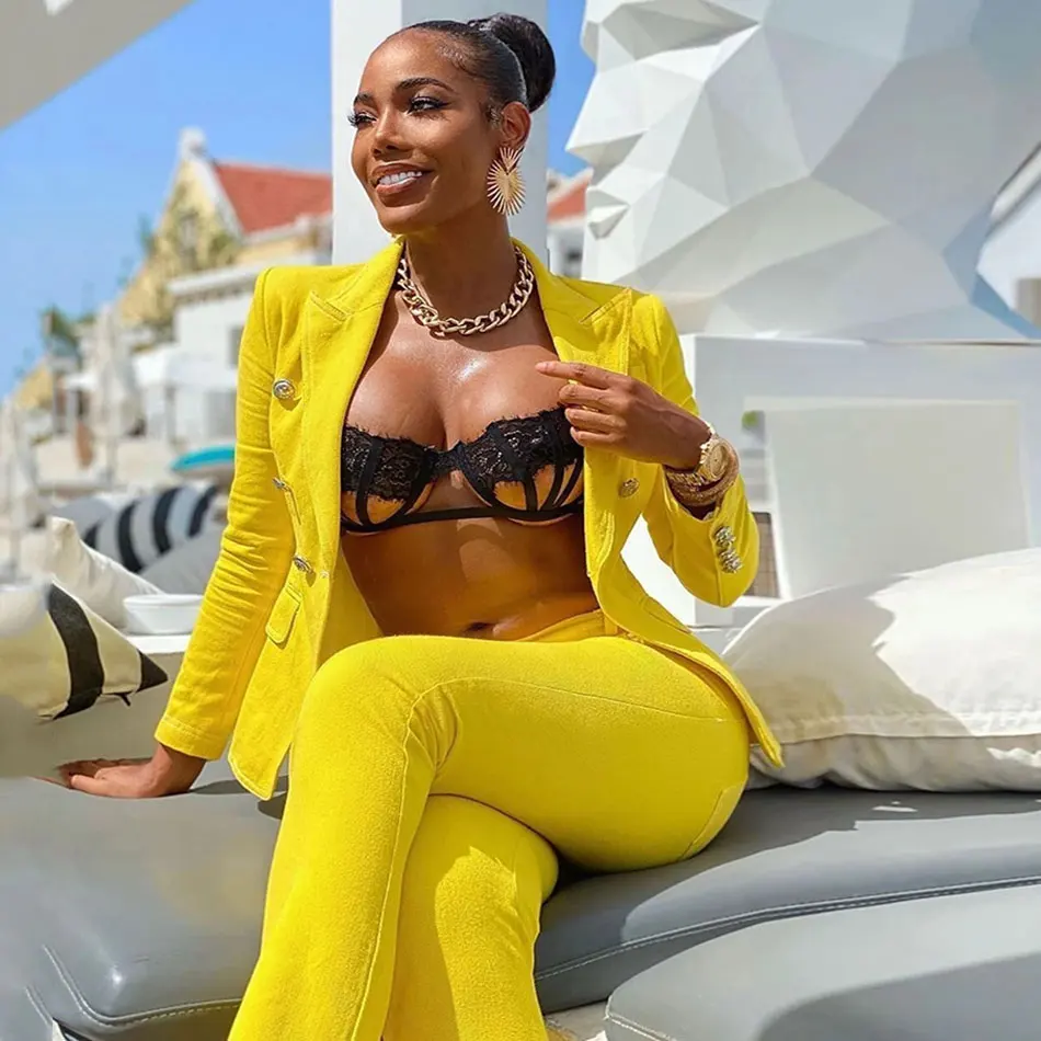 2021 Office Ladies women pantsuit Yellow Business Classic Notched Double-breasted Buttons Blazer Pants Set Two Piece Formal Suit