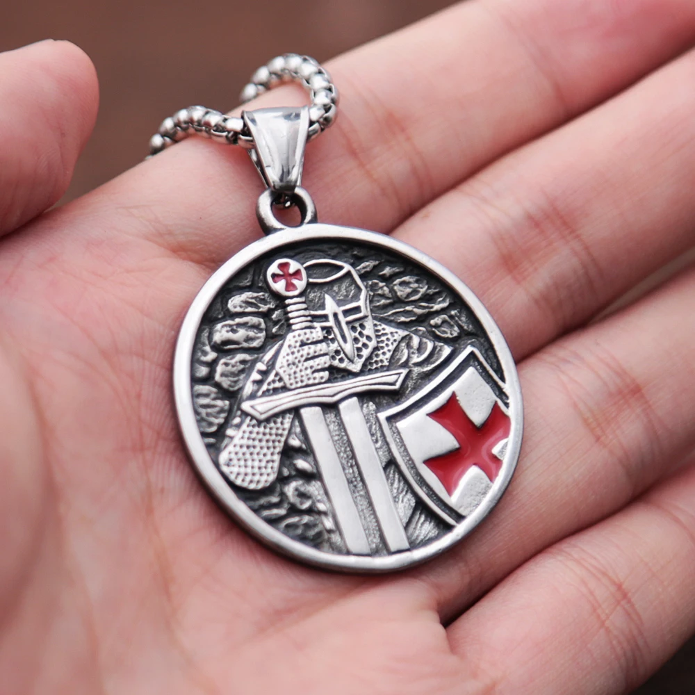 

Vintage Punk Knight Templar Cross Pendant For Men Biker Red Crusader Amulet Stainless Steel Necklace Jewelry Gift Wholesale