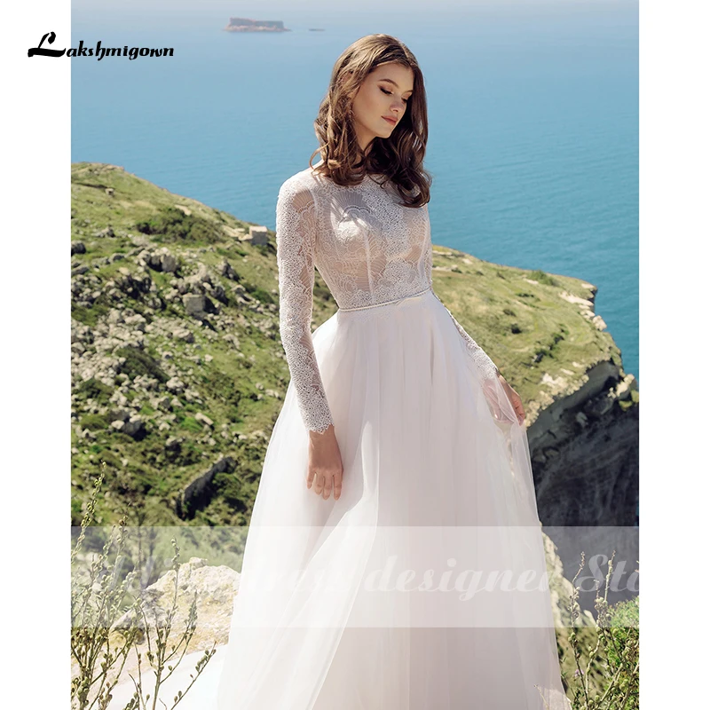 Boho Lace O-Neck Long Sleeves Wedding Dress Vestido De Noiva 2021 Long Robe De Soiree Tulle Beach Bridal Gown Vestidos De Fiesta