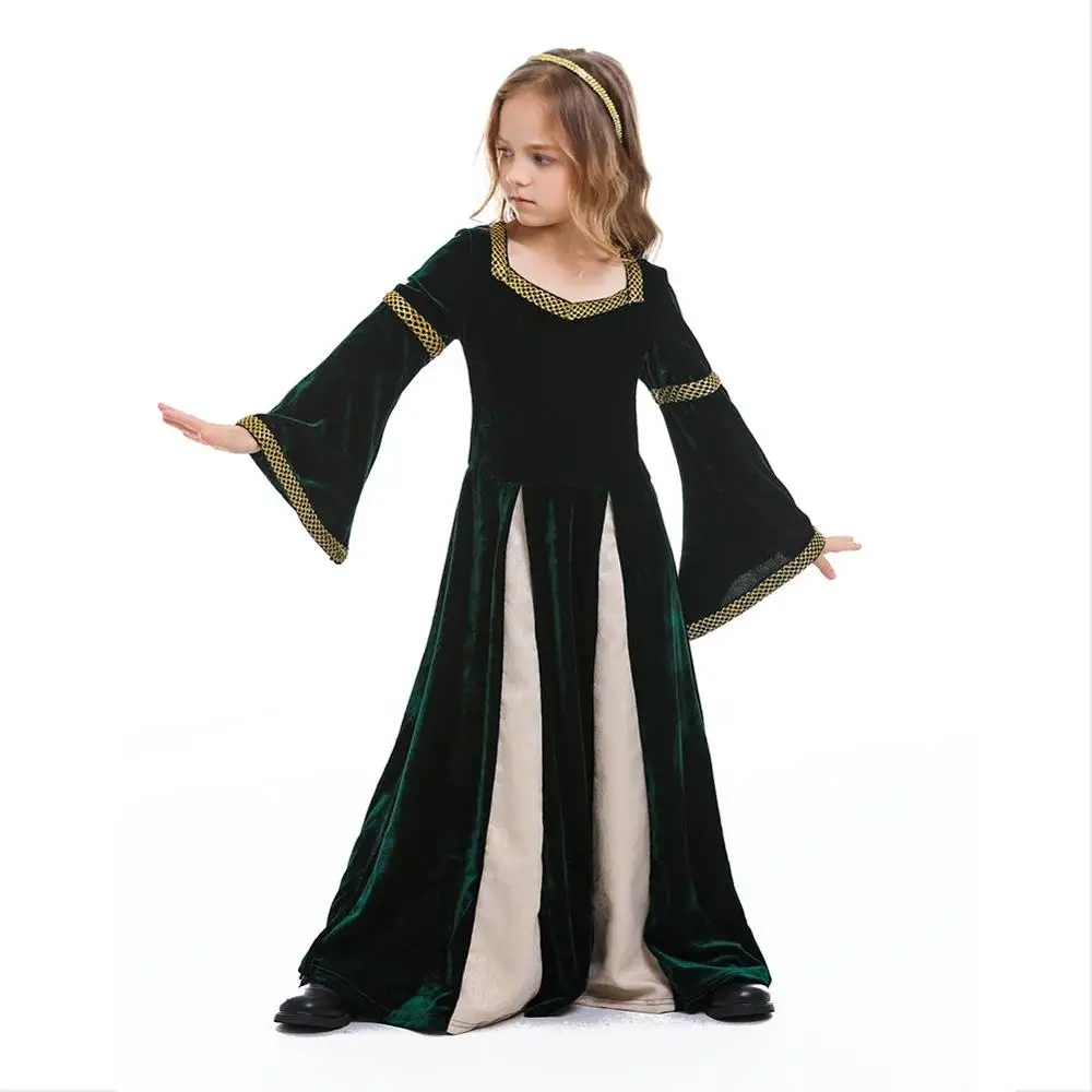 Middeleeuwse Renaissance Prinses Kostuum Gown Robe Groene Middeleeuwse Swing Jurk Kid Vampire Halloween Kostuums