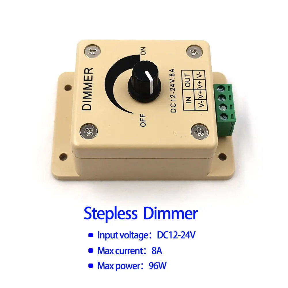 Frequency Adjustable DC 12V/24V Inline Dimmer Switch – Stepless Rotary Dimming With Push On/Off For LED Lamps & Low Power Motors, RV, Boat, Vehicle