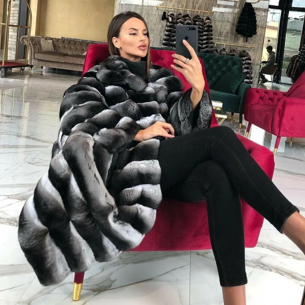 Women Fashion X-long Real Rex Rabbit Fur Coats with Turn-down Collar 2022 New Trendy Genuine Rex Rabbit Fur Coat Female Outwear