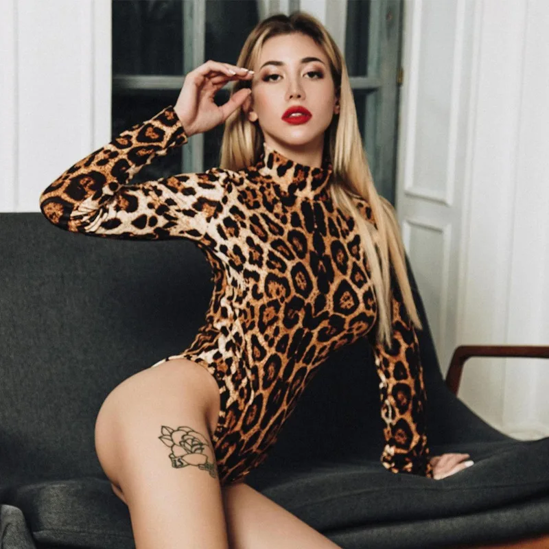 

Sexy Leopard Printed Bodycon Bodysuits 2024 Spring Women Long Sleeve Mock Neck Skinny Body Suit Shorts Jumpsuits