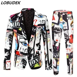 Personality Graffiti Print Suit Men Singer Dancer HIP HOP Stage Performance Outfit Tide Fashion 2-Piece Set DJ Nightclub Costume