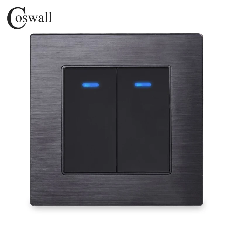 COSWALL 1/2/3/4 Gang 1/2 Way On / Off Rocker Key Wall Light Switch With Blue Backlight EU Socket Black Aluminum Metal Panel