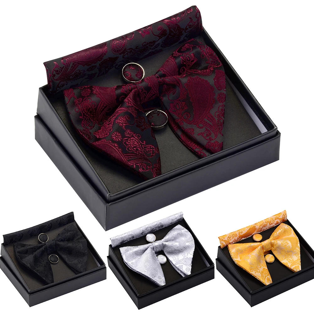 

GUSLESON Paisley Big Bow Tie Men's Blue Red Yellow Bowtie Pocket Square Cufflinks Set with Gift Box Silk Wedding Necktie For Man