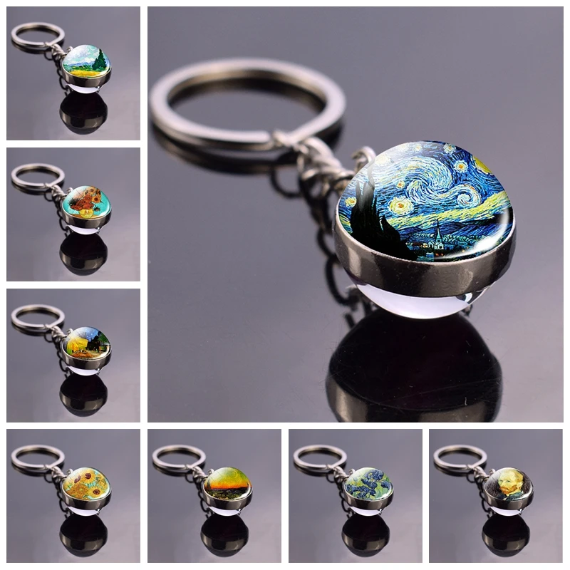 Van Gogh Oil Painting Starry Night Glass Ball Key Chain Key Rings Van Gogh Sunflowers Irises Almond Jewelry Art Keychain Keyfob