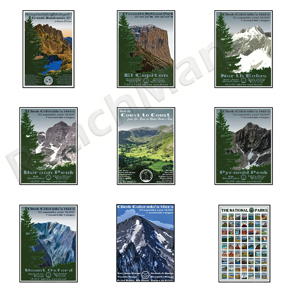 National Park Poster, Yosemite, West Highland Road, Boulder Flatiron, British Coast, Little Bear Peak Prints, Colorado 14ers, Na