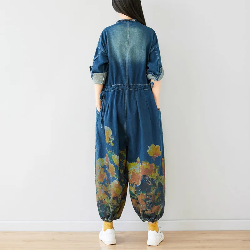 2022 Women Floral Jeans Vintage Denim Jumpsuit Long Sleeve Overall Baggy Bib Pants Female Loose Romper Autumn Streetwear
