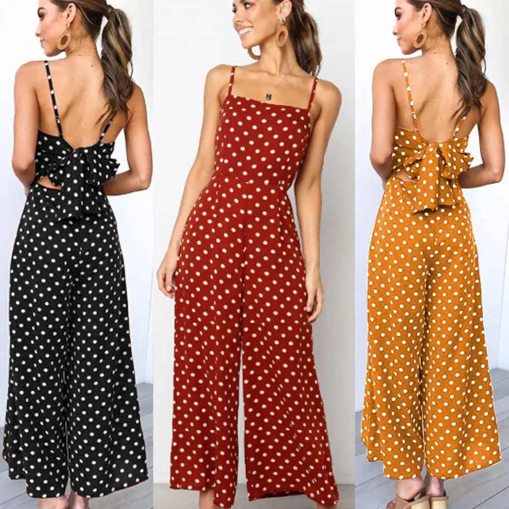 

Elegant Sexy Jumpsuits Women Sleeveless Polka Dots Loose Trousers Wide Leg Pants Rompers Holiday Backless Bow Leotard Overalls