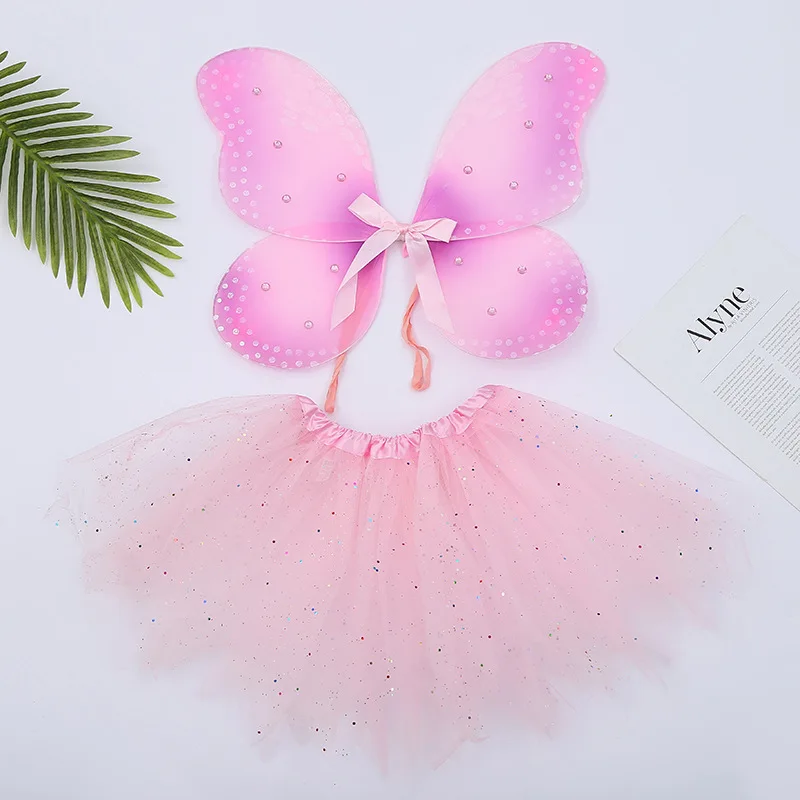 Two-piece Butterfly Wings Stage Performance Skirt Christmas Makeup Costume Girls Princess Fairy Blue Pink Green Easter