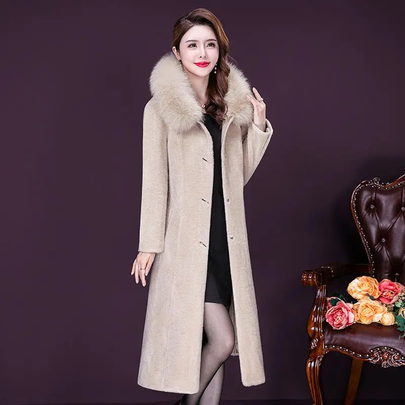 Women Sheep Shearing  Long Coat Winter 2024 Fashion Elegant Thicken Quilted Outerwear Hooded Fur Collar Wool Blends Tops Female