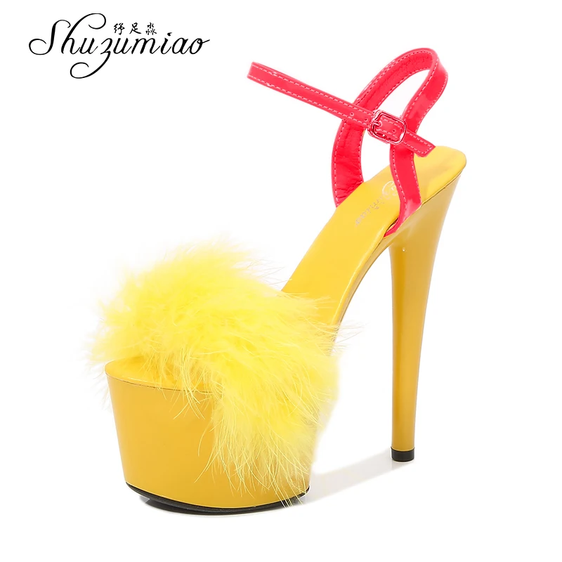 Pole Dance Shoes Feather Sandals Mixed Colors Fur Women Shoes 2021 Feather Sandals Stripers Heels Platform 17 CM  Sexy High Heel