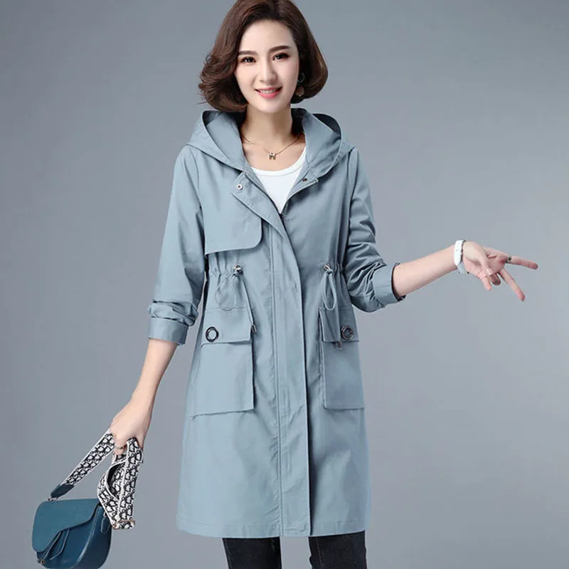 New 2022 Women Trench Coat Spring Autumn Casual Outerwear Loose Overcoat Female Mid-length Fashion Hooded Windbreaker R791