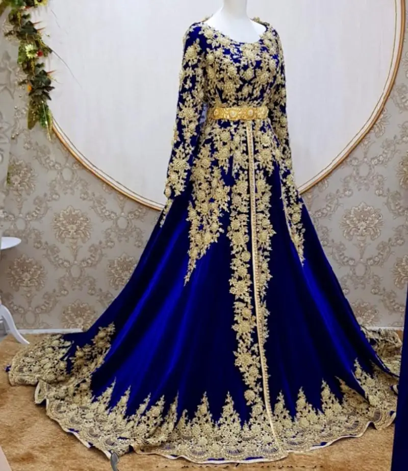 Party Jurken Caftan Marocain De Soiree Royal Blue Avond Lange Mouwen Applique Een Lijn Kaftan Prom Jurk Met Cape Vestidos vorm