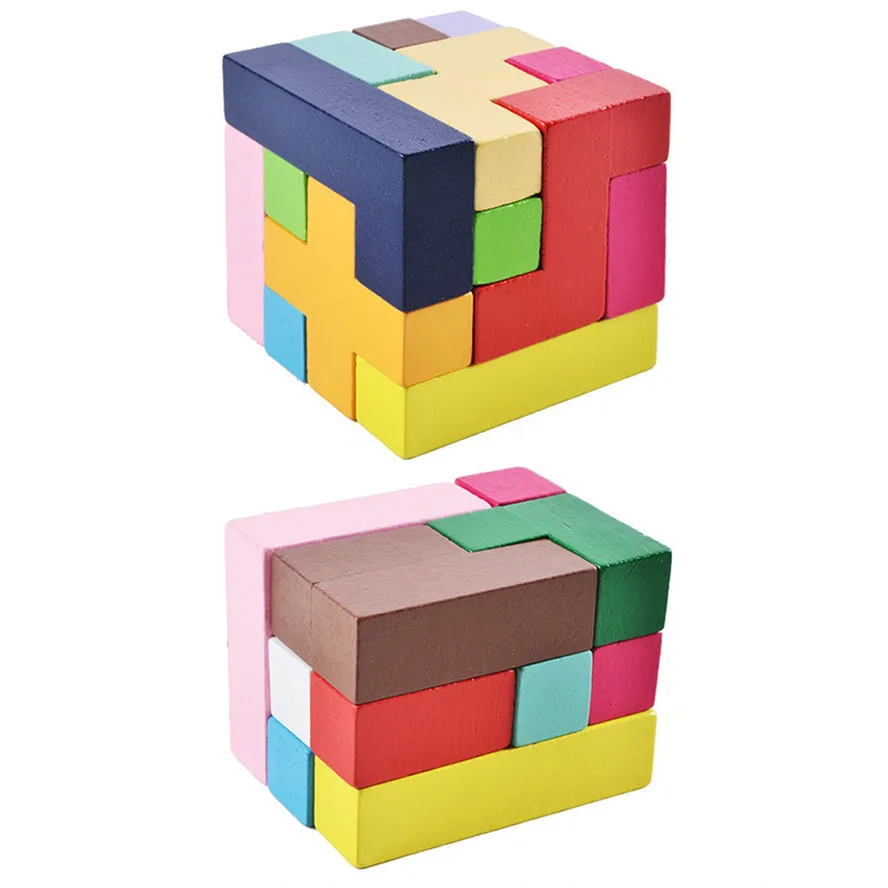 Wooden Colorful 3D Cube Building Blocks Educational Learning Intelligence Kids Toys Variety Tangram Brain Teaser Wood Block Game