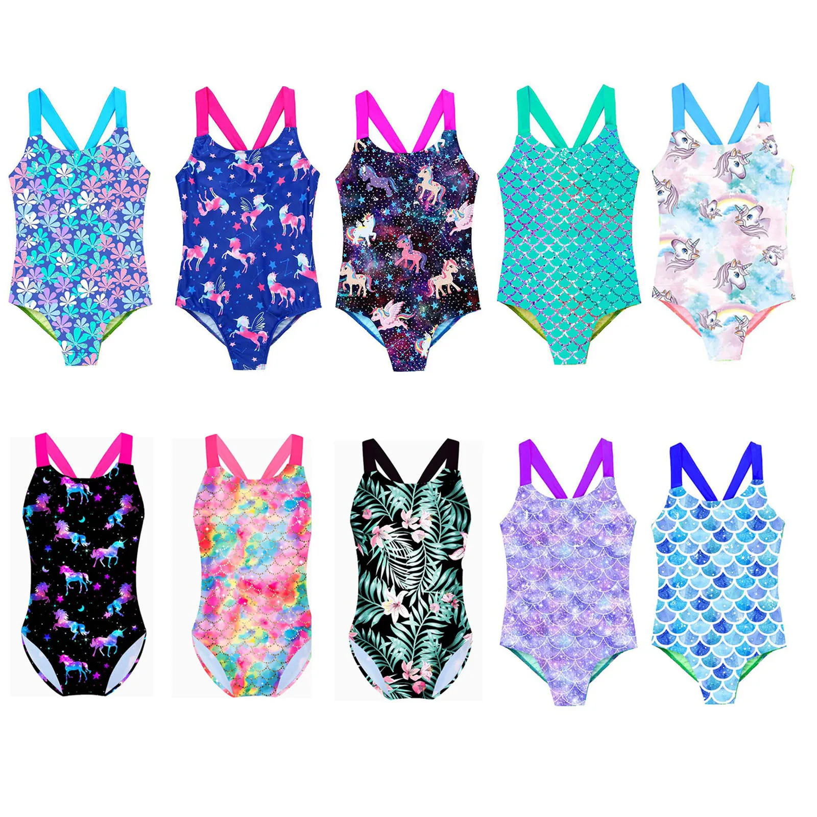 2021 Kids Girls Summer Monokini Swimwear Sleeveless Wide Shoulder Straps Printed Swimsuit Children Swimming Outfit Beachwear