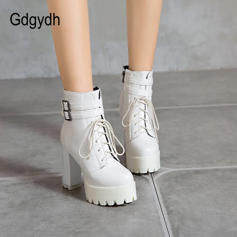 Gdgydh 2022 New Fashion PU Lacing High Heel Boots Women Thick With Belt Buckle Ankle Boots Square Heels Bare Foot Shoes White