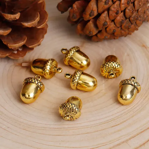 Doreen Box Zinc Based Alloy 3D Charms Pendants Acorn Gold Color Antique Gold for DIY Necklace 17mm( 5/8