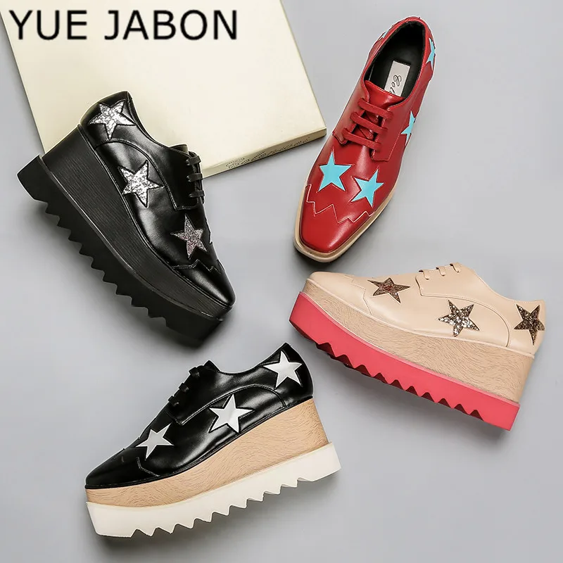 YUE JABON woman Stars Loafer Square Toe Lace-up Thick Bottom Platform Wedge Shoes Height increasing star Casual shoes women