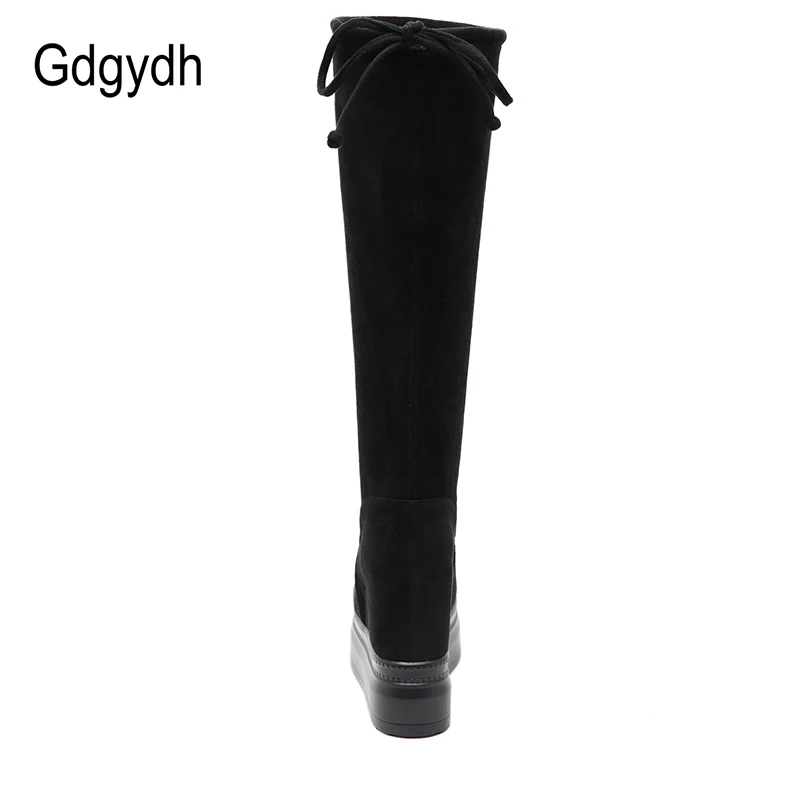 Gdgydh Winter Knee High Boots For Women Fashion Stretch Wedges Height Increasing Ladies Suede Lace Up Platform Boots Black Retro