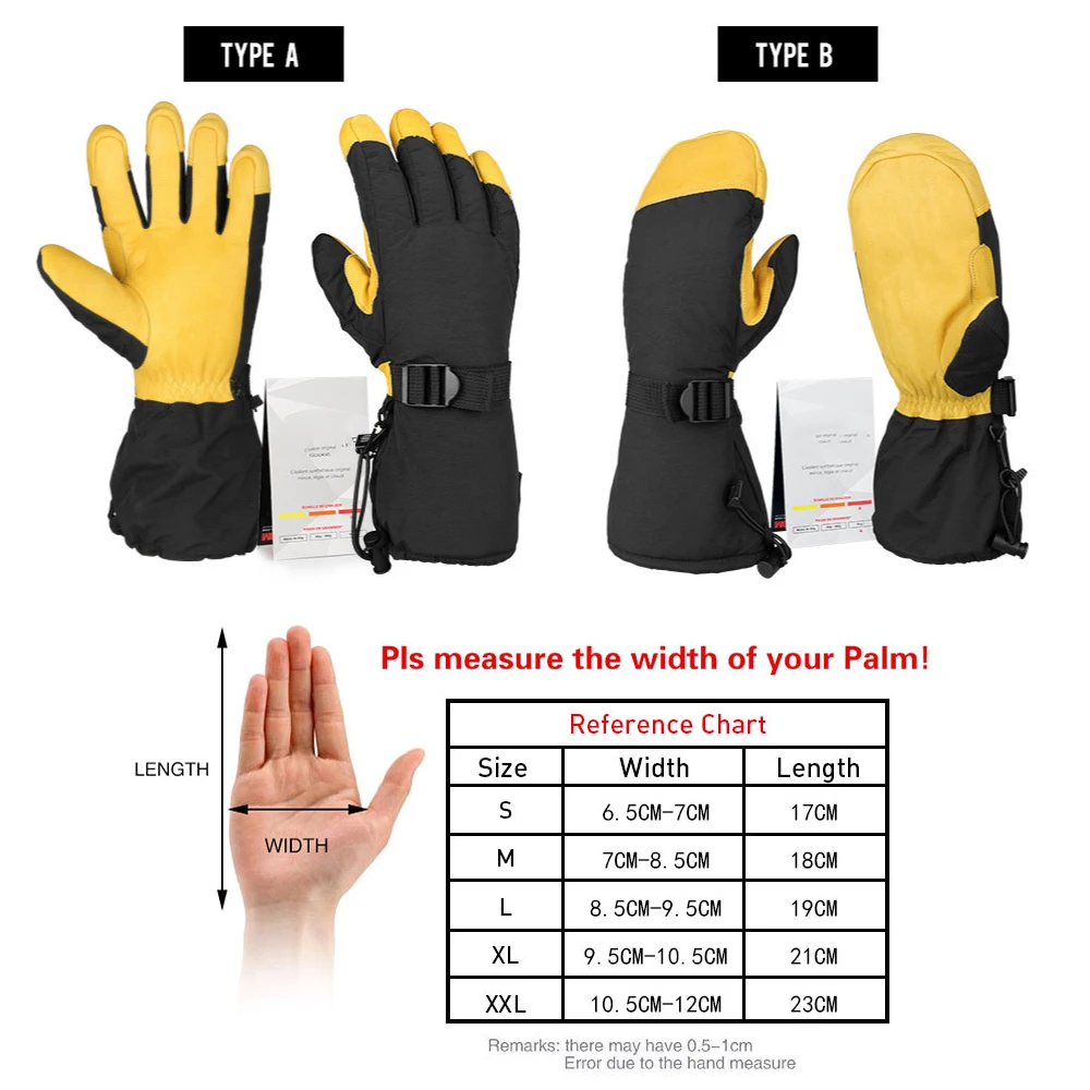 Cowhide Long Warm Ski Gloves Five-finger Waterproof Windproof Winter Snowboard Gloves Motorcycle Cycling Snow Mittens