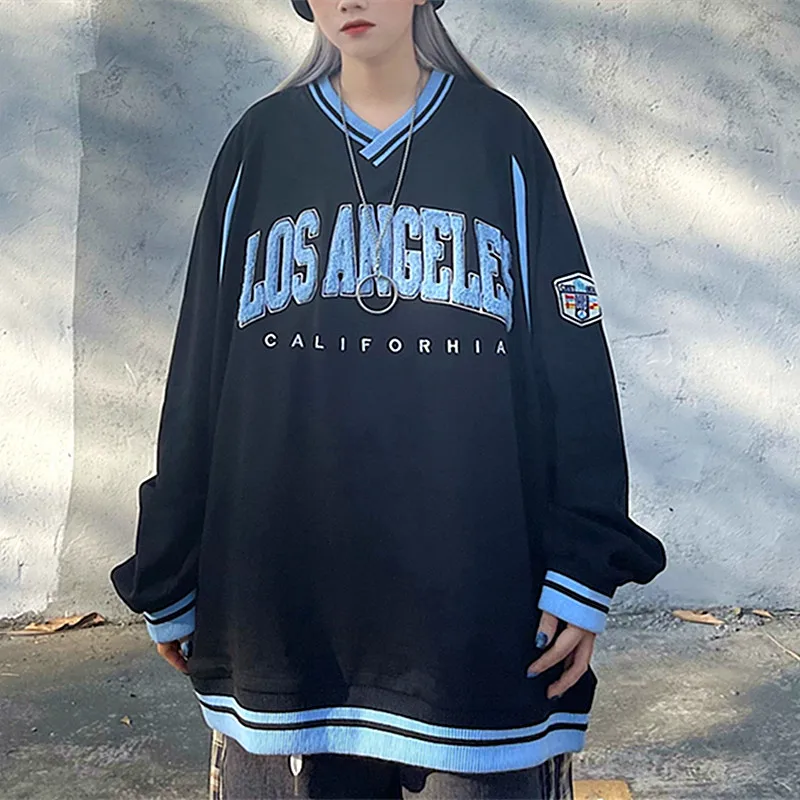 American Los Angeles Letter Embroidered Hoodie Sweatshirt Women Vintage V-neck Oversized Punk Style Hip Hop Brand Fashion Autumn