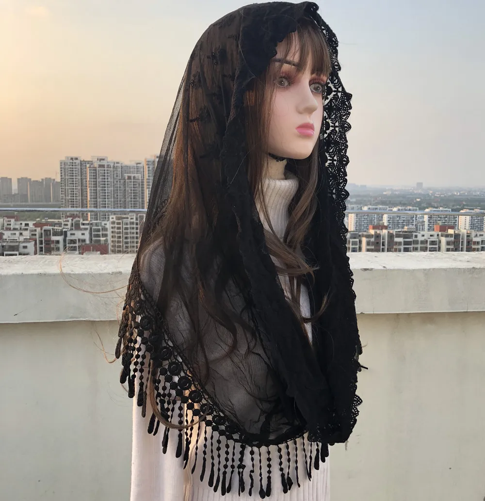 2024 Ivory Black Catholic Veil Jerusalem Muslim Elegant Ladies Lace Shawl Scarf Mantillas Church Catholic Bridal Wedding Cape