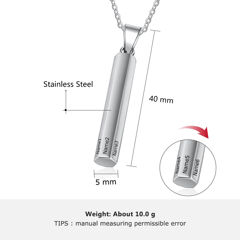 Personalized Stainless Steel Vertical Bar Necklaces for Men Unisex Custom 6 Sides Engraved Pendant Necklace Gift Jewelry