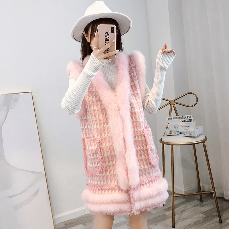 Natural Women's Fox Fur Pink Vest 2020 New  Long Winter Warm Real Sheep Wool Fur Fox Vest Jacket 80cm Length Free Shipping