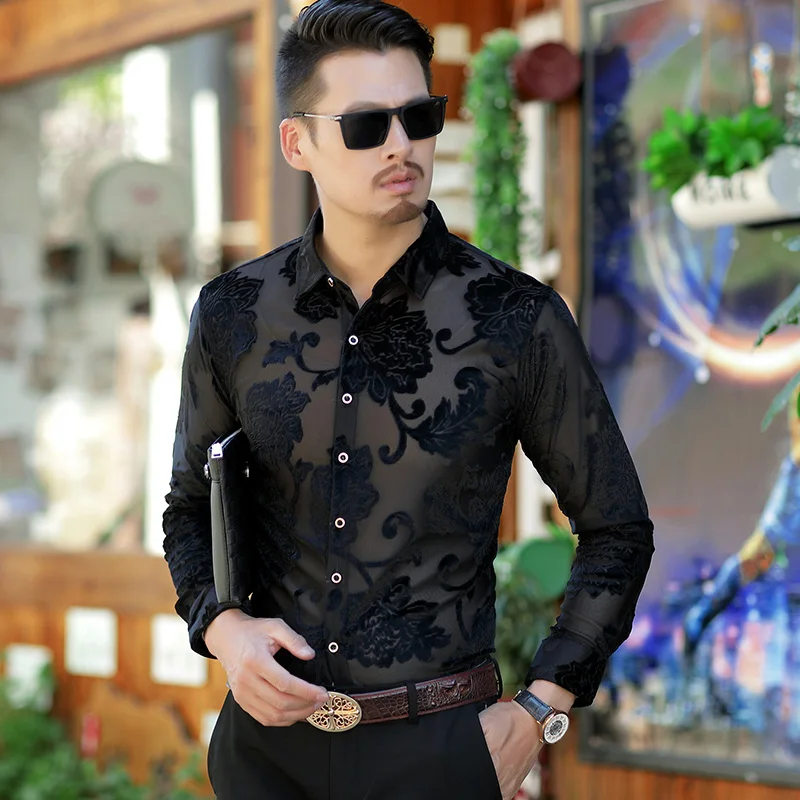 

Male See Through Clothes Spring Autumn Man Fashion Floral Shirts Long Sleeve Sexy Hollow Dress Shirts