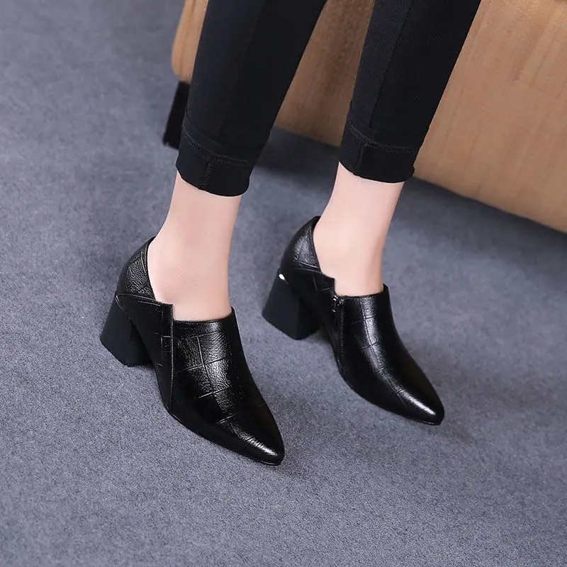 FHC New Women Pumps,Square High Heels,Soft PU Leather Work Shoes For Office Lady,Pointed Toe,Side Zipper,Black,Dropship