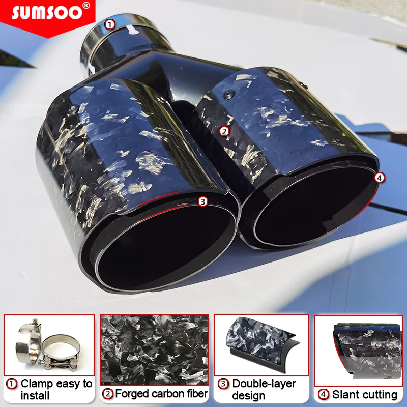 genuine SUMSOO Forged Carbon Fiber +gloosy  Black Stainless Steel Car Dual Exhaust Tip Double End Pipe  Modification Muffler