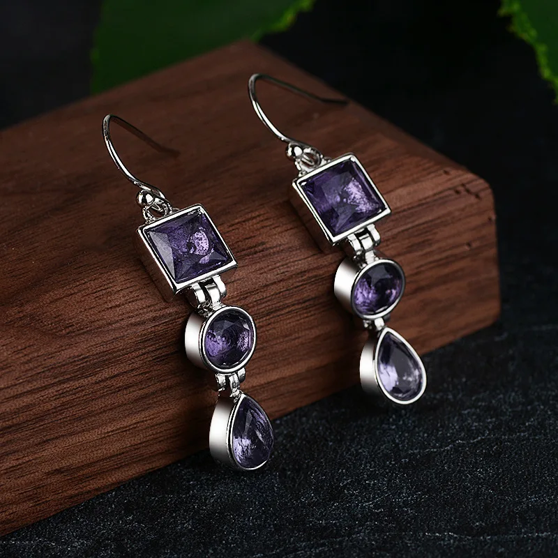 HuiSept Trendy Earrings 925 Silver Jewelry for Women Wedding Party Gift Ornament Geometric Shape Amethyst Gemstone Drop Earrings