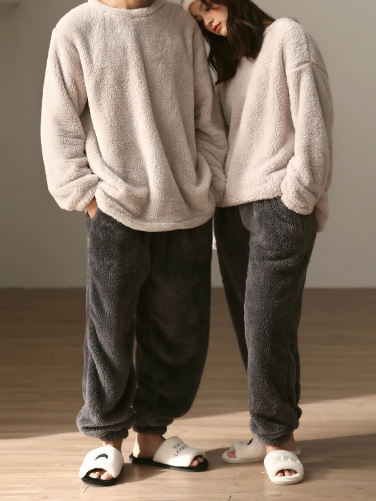 Warm Pajamas For Couples Set Thick Coral Fleece Homewear Winter Lounge Men\'s Clothing Soft Loose Pajamas Women Home Clothes Suit
