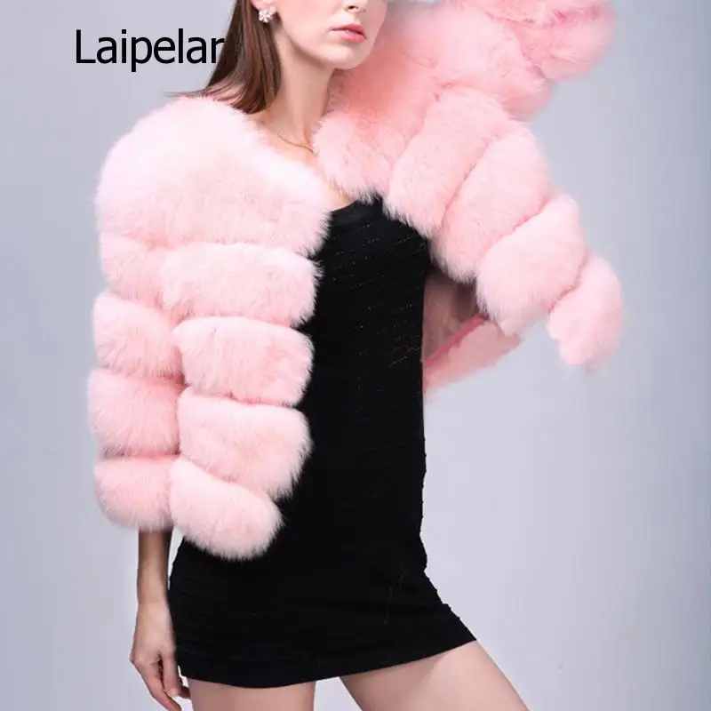 Women's Faux Fox Fur Coat Short Round Neck Slim Top Ladies Commuter Soft Short Fur Coat Top