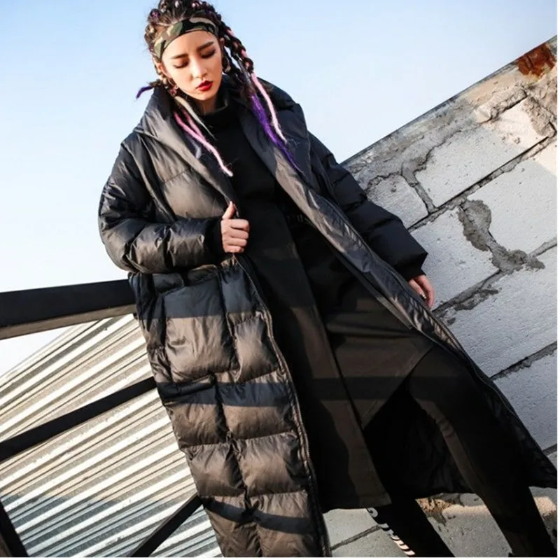 

Winter Long Jacket Women Streetwear Windproof Black Thick Warm Snow Outwear Fashion Casual Loose Female Down Cotton Hooded Coat