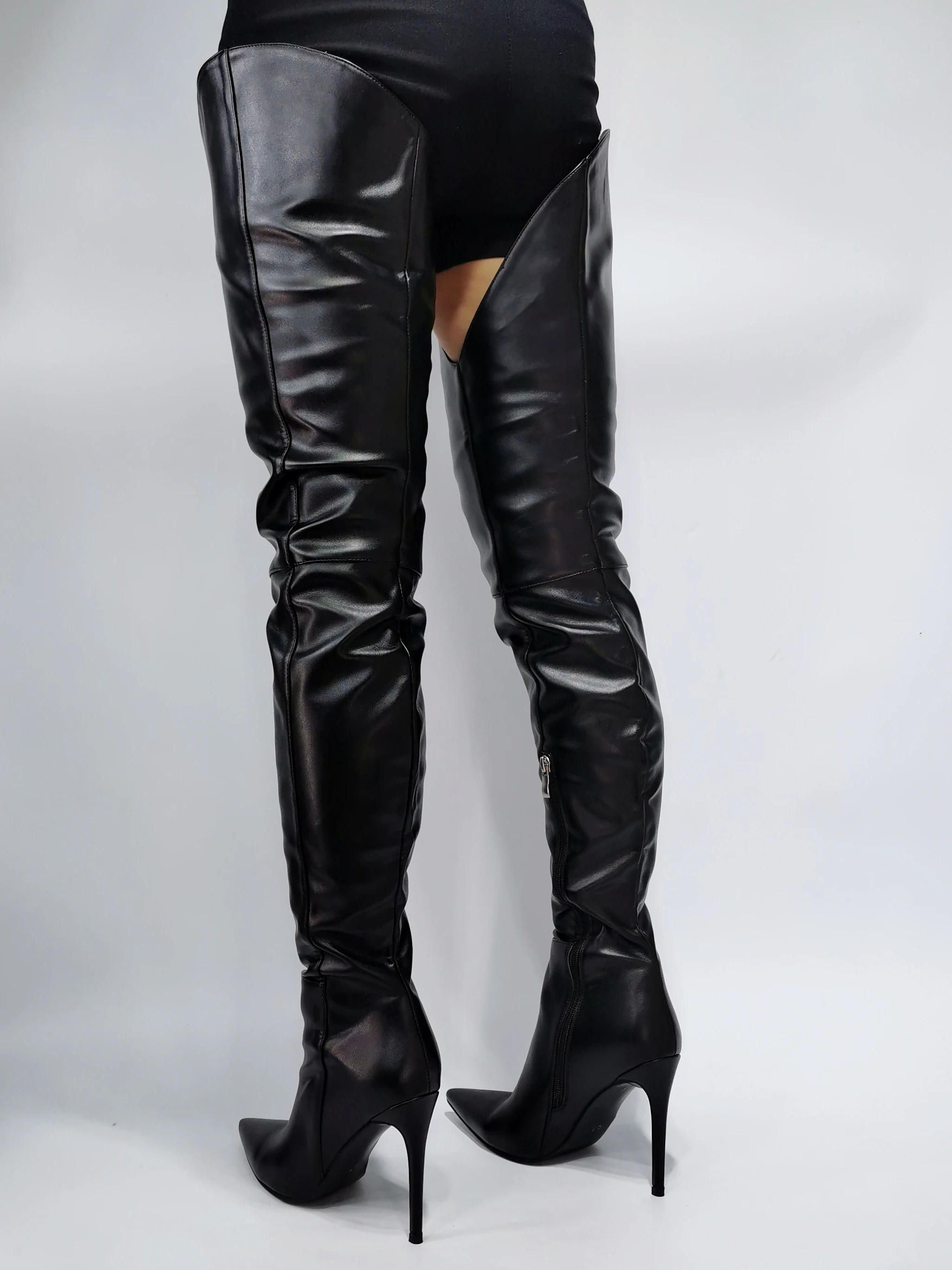 New Models Shoes Ladies V Cut Super Long Boots Black Pointed Toe Half-side Zip Over Knee High Boots Big Size 47